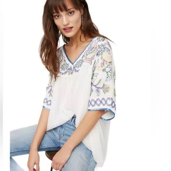 Free People Tops - Free People Top Embroidered V Neckline  Beaded Detail Chiffon Top Size Medium